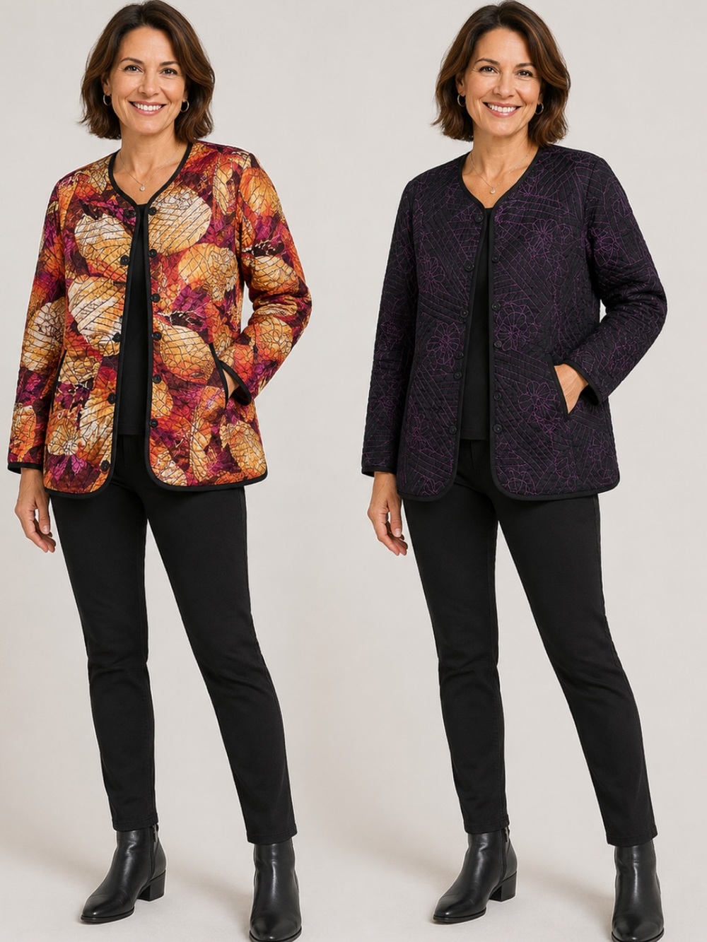 Chico’s Reversible Quilted Jacket Leaf Print Black Small/Medium